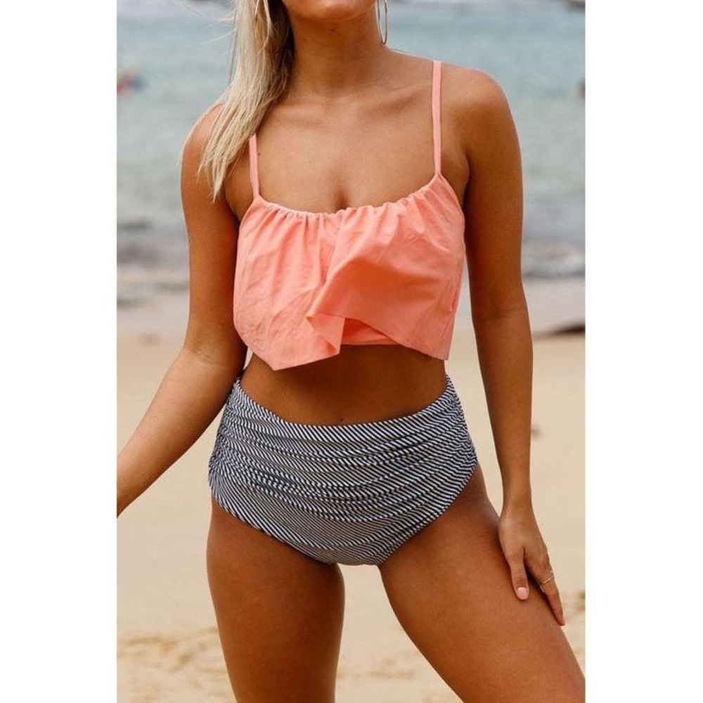 Cupshe Womens 0X Peach Ruffle Flounce Top Striped High Waist Bikini Set Momkini